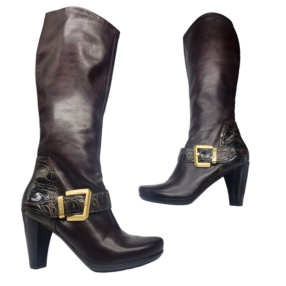 Franco Sarto Boots Womens 6 Brown Gold Heeled Knee High Pirate Whimsigoth